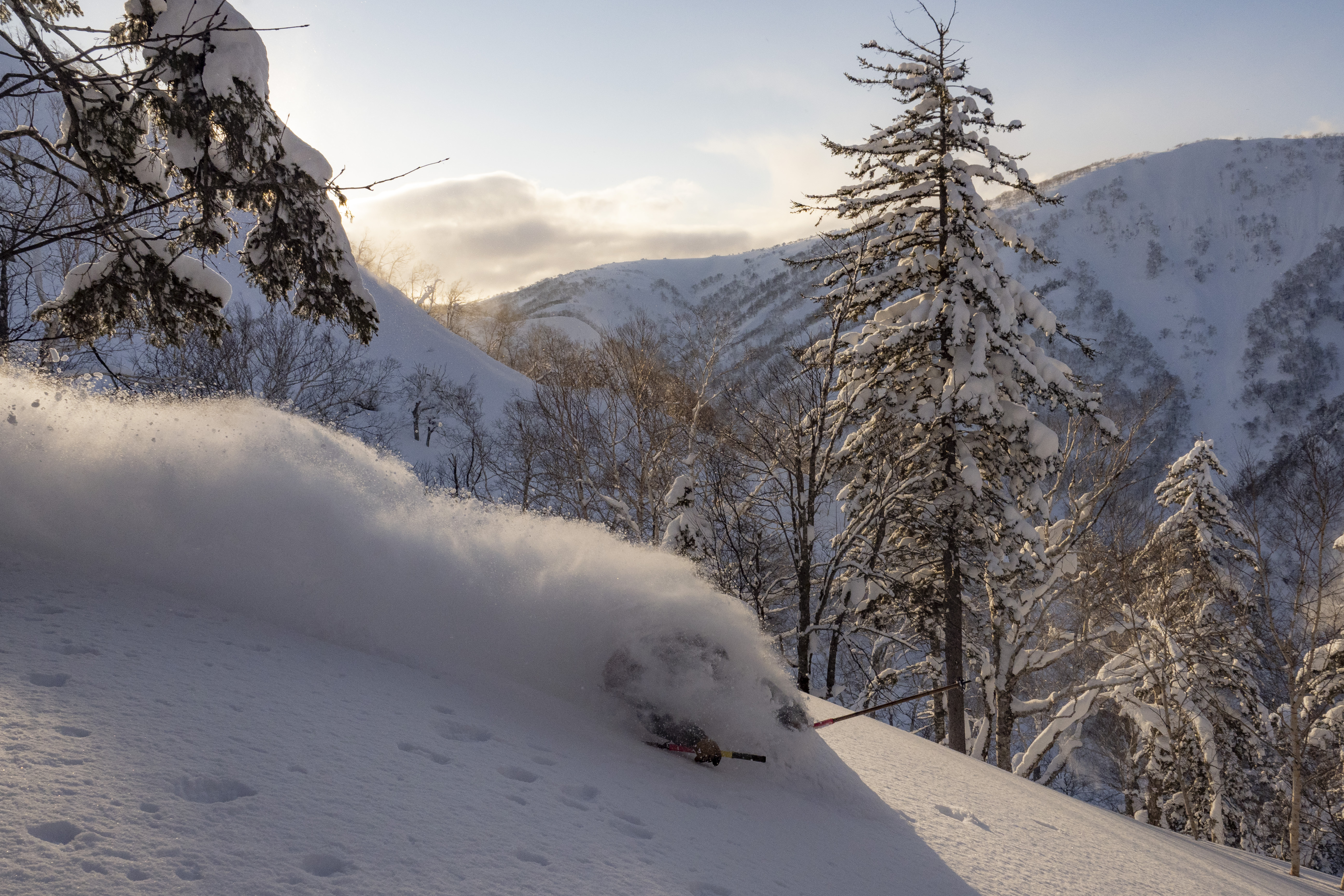 skier sinked until shoulders in deep snow in kamikawa backcountry