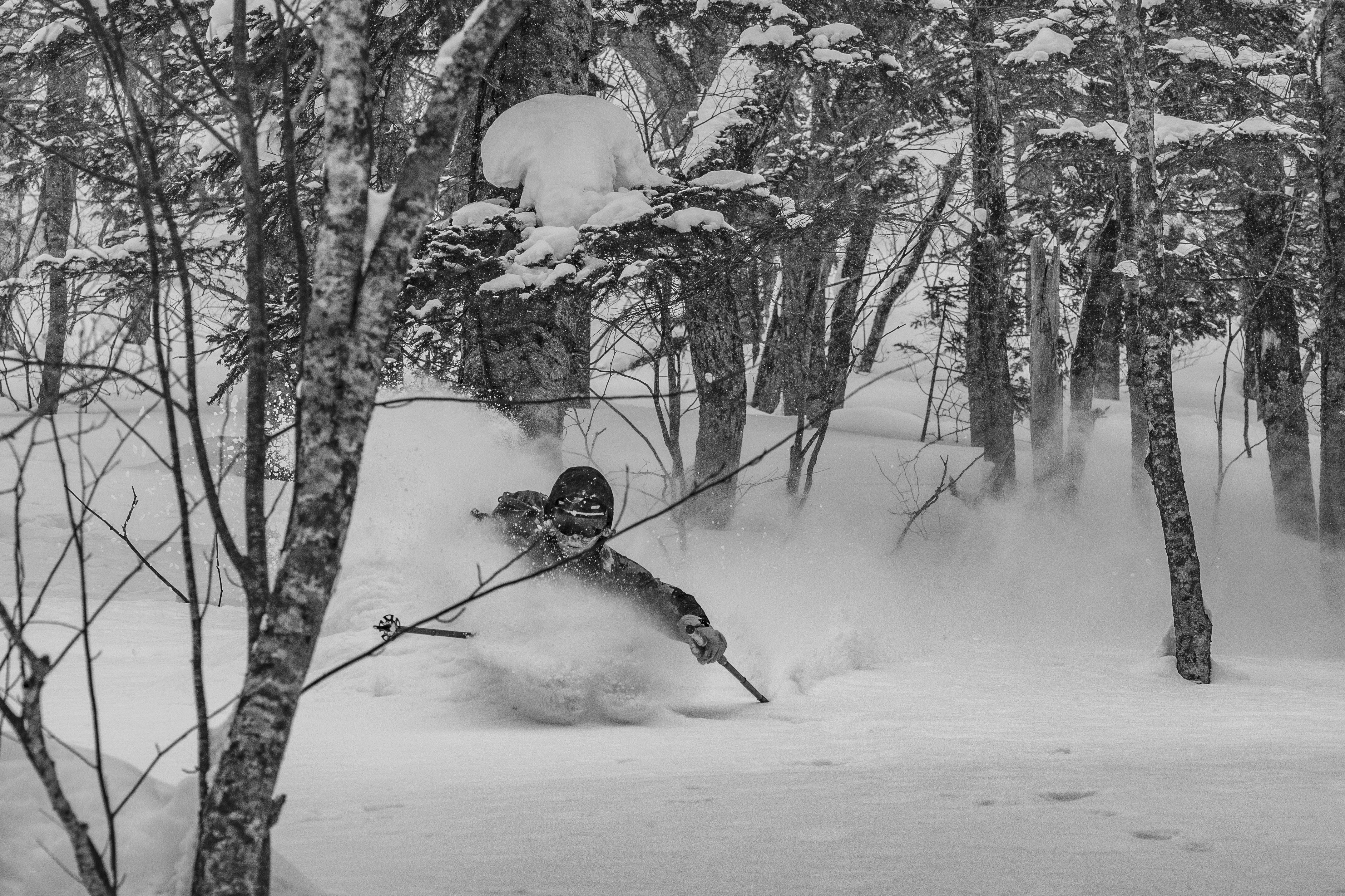 skier makin a turn in very deep snow in kamikawa backcountry